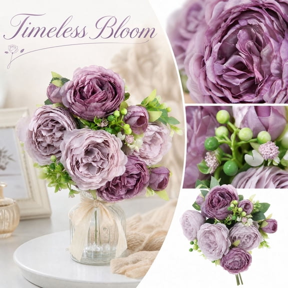 Artificial Persian Rose Bouquet with 5 Large Flower Heads and 4 Buds, 12.6 Inches, Purple, for Home and Wedding Table Centerpiece Decoration