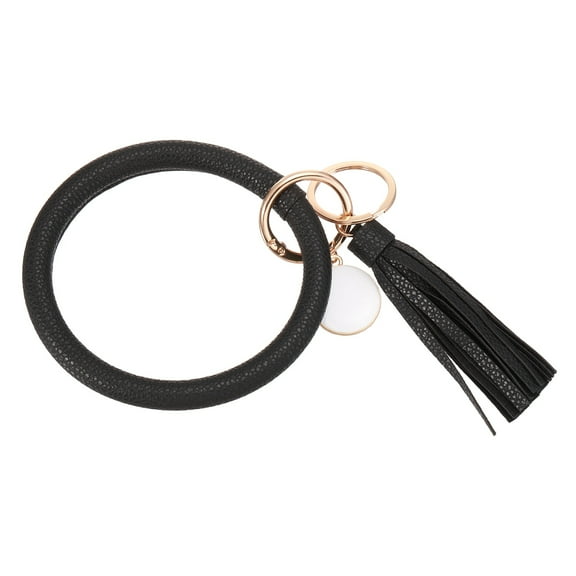 Uxcell PU Leather Circle Wristlet Keychain, Tassel with Pendant Round Bangle Keyring Bracelet Wristlet Holder Keychains for Women Car Key Accessories- 1 PCS (Black)