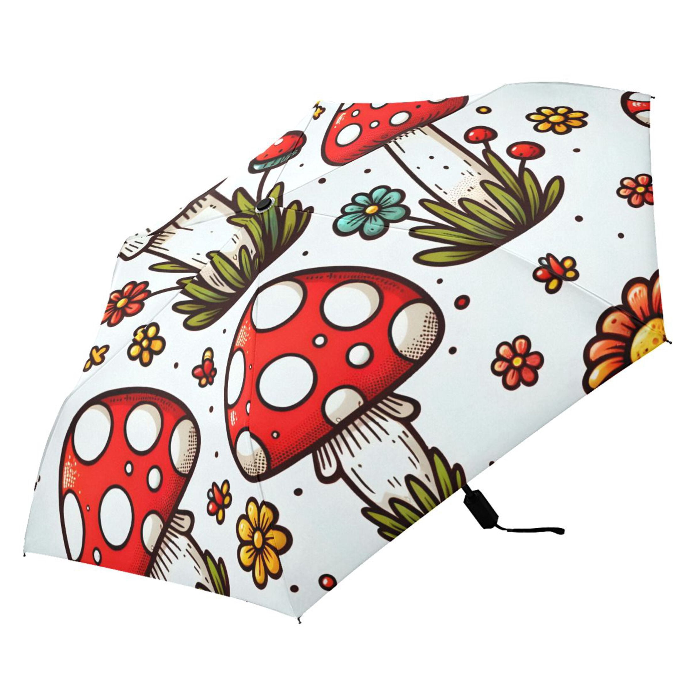 Cute Mushroom and Flowers Compact Sun Umbrella Windproof Travel Umbrellas for Rain Strong Portable UV Protection