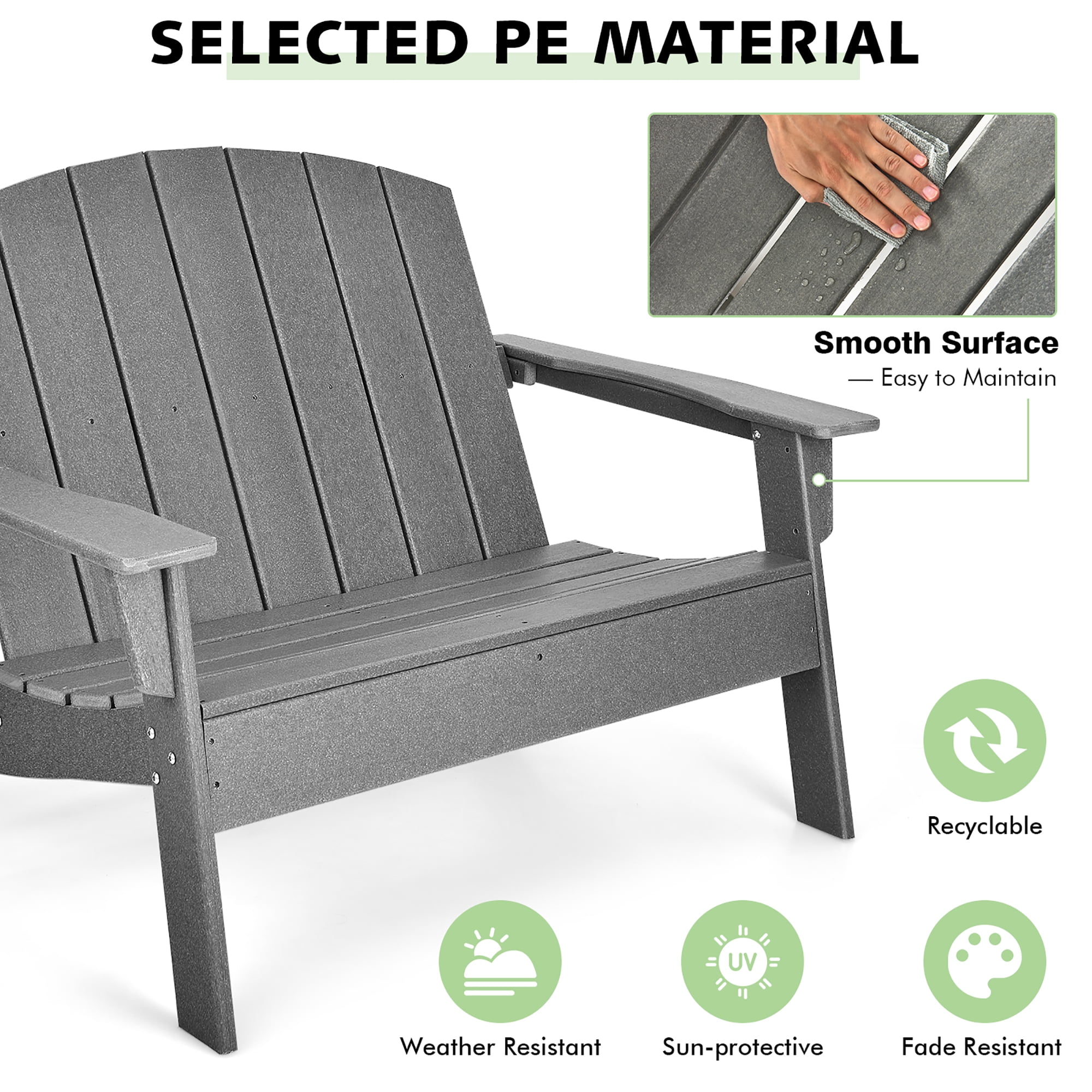 Costway  Patio Adirondack Chair Loveseat Bench HDPE Weather Resistant Deck Grey