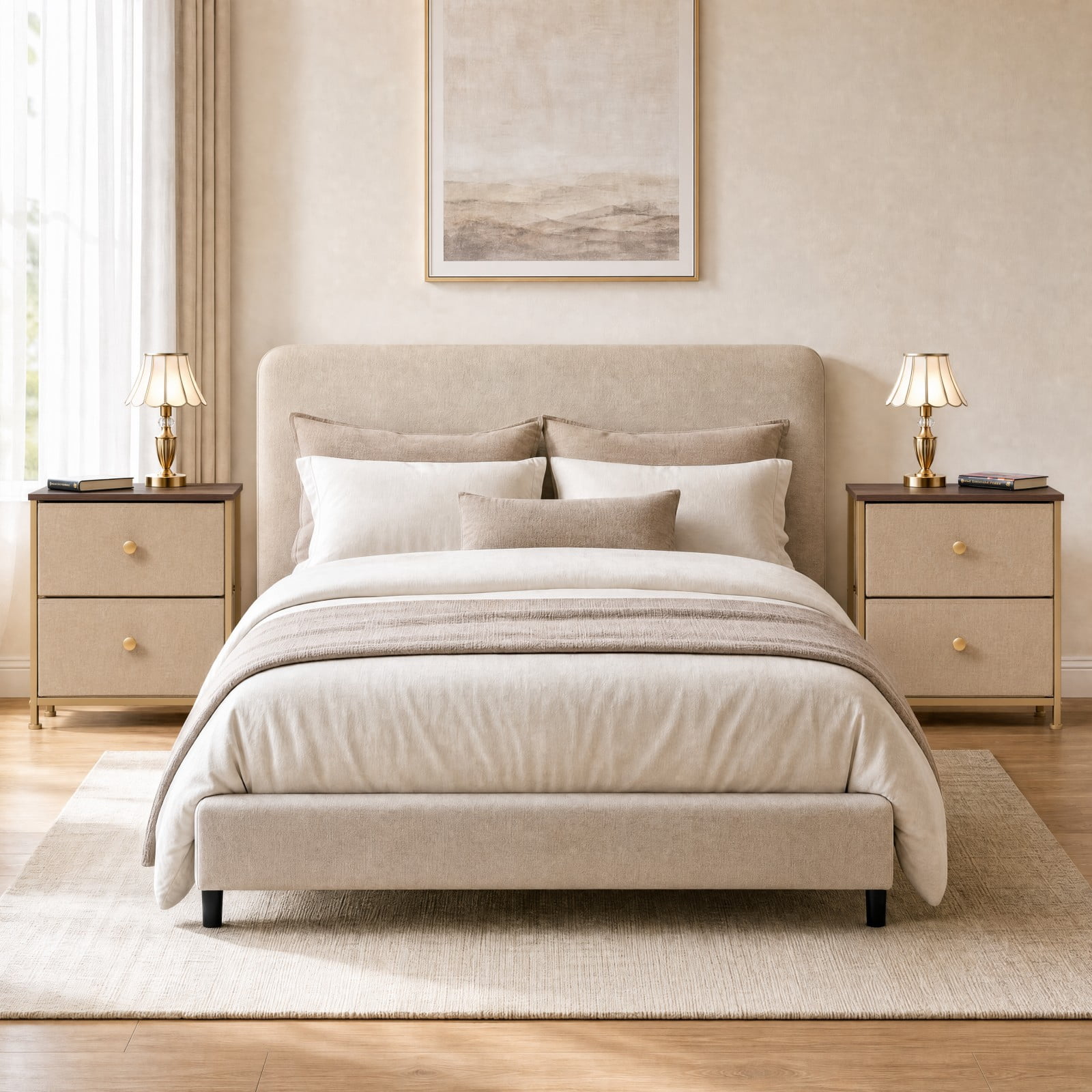 Telyra Nightstands Set of 2 20" Fabric Bedside Tables with 2-Drawer Wood Tops and Steel Frames Small Storage Organizers, Khaki