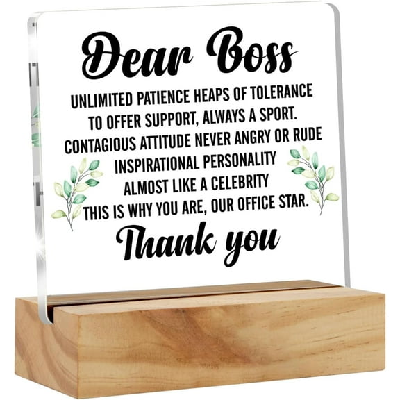 Appreciation Boss Gifts for Men Women, Dear Boss Thank You Desk Decor Acrylic Desk Plaque Sign with Wood Stand Home Office Desk Sign Keepsake Present for Boss Birthday Leaving Retirement