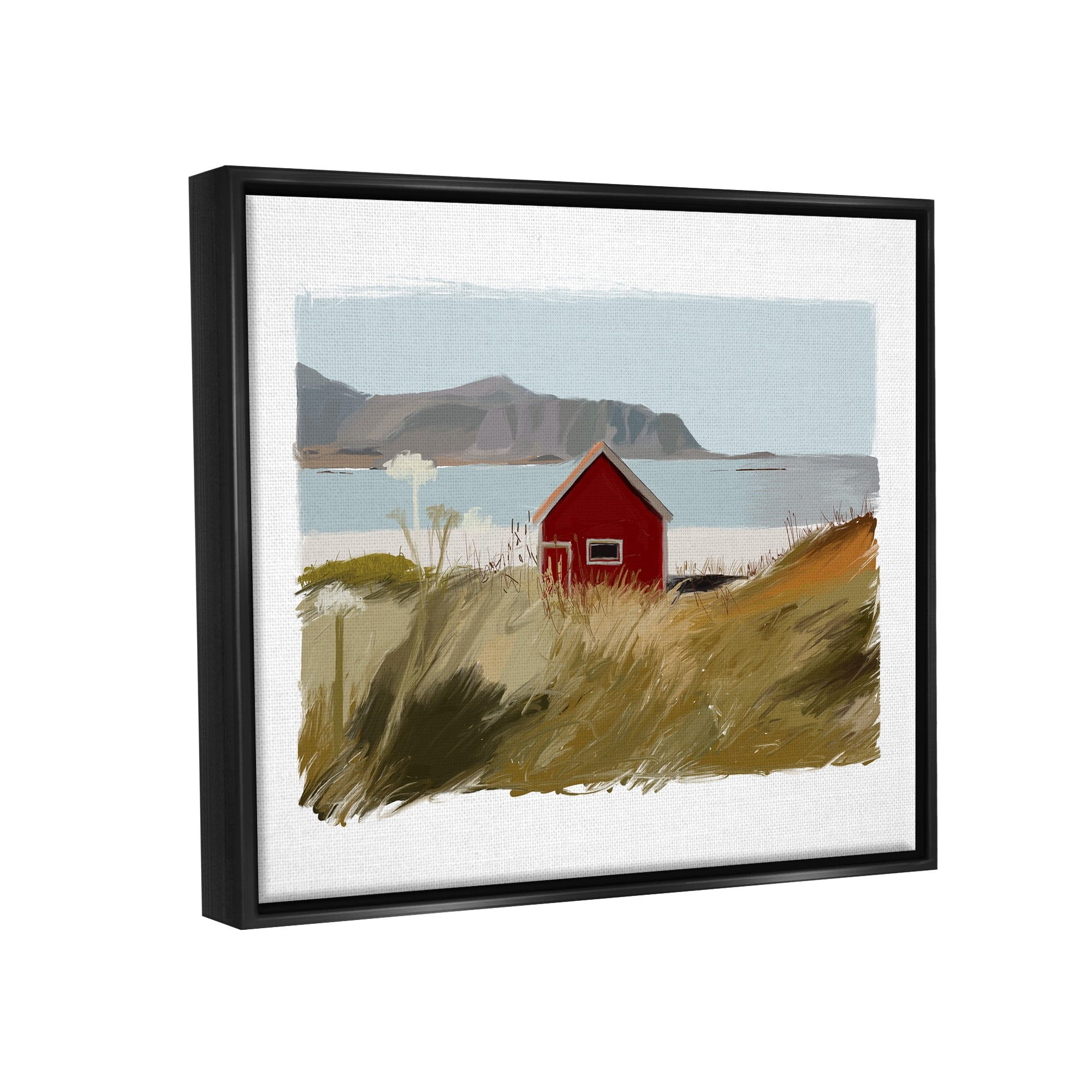 Stupell Industries Lakeside Rural Red House Distant Mountain View Painting Jet Black Floating Framed Canvas Print Wall Art, Design by J. Weiss