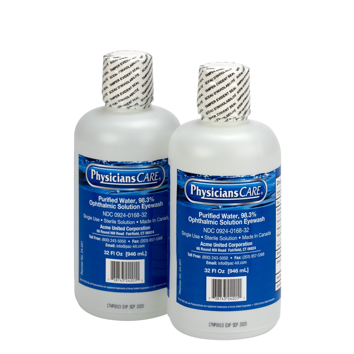 PhysiciansCare Eyewash Station, Double 32oz Screw Cap Bottle