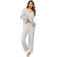 thumbnail image 3 of Xmarks Womens 2 piece Long Sleeve Button Down Pajama Set Casual Solid Color V Neck Tops and Elastic Waist Drawstring Pant, 3 of 6