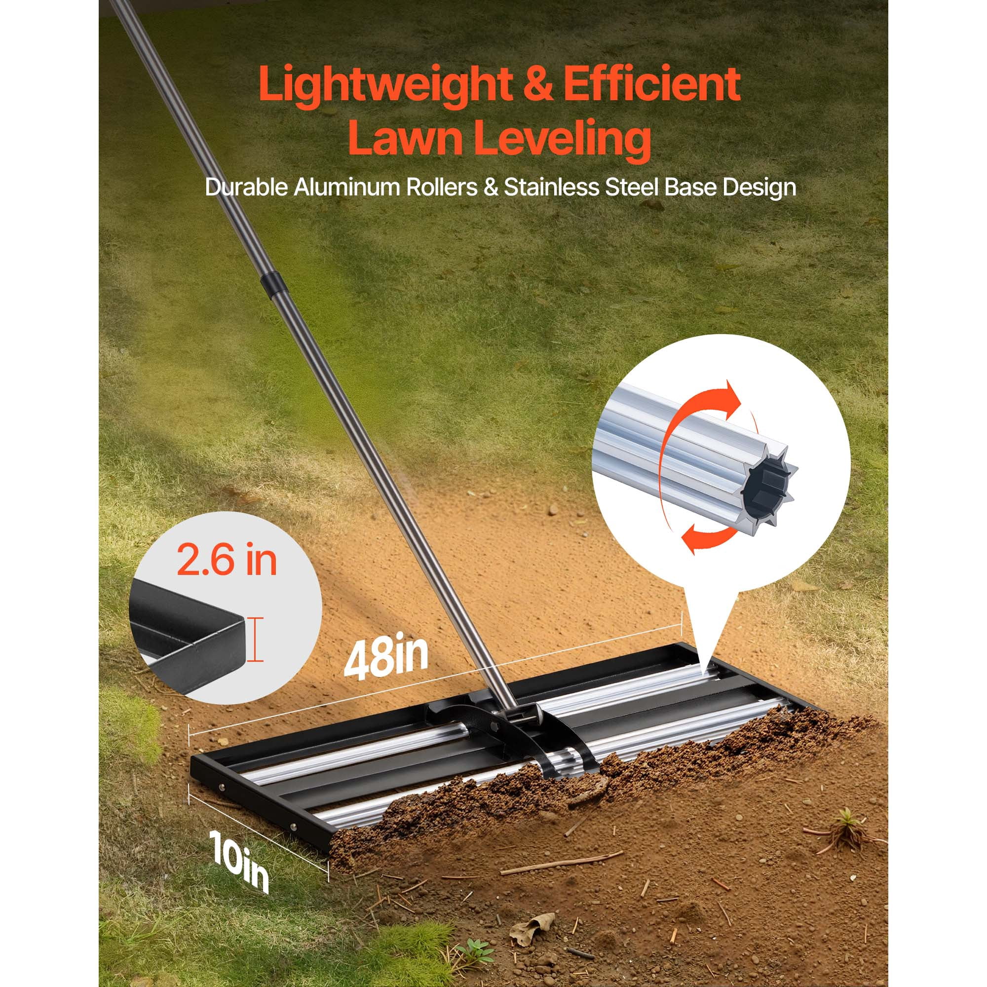 KFFKFF Upgraded Lawn Leveling Rake with Roller, 48'' x 10'' Stainless Steel Lawn Tool with 83.9'' Adjustable Handle, Durable Yard Leveler for Easy Lawn Maintenance and Golf Court Use