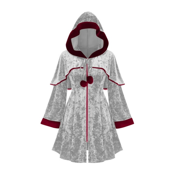 Hueook Quilted Jackets for Women Cos Medieval Hooded Coat Long Hooded Cardigan Pleated Shawl European and Role Playing White S