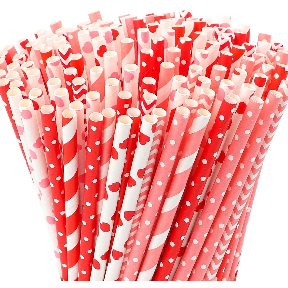 Tomnk 250pcs 8 Styles Valentine's Day Paper Straws, Red and Pink