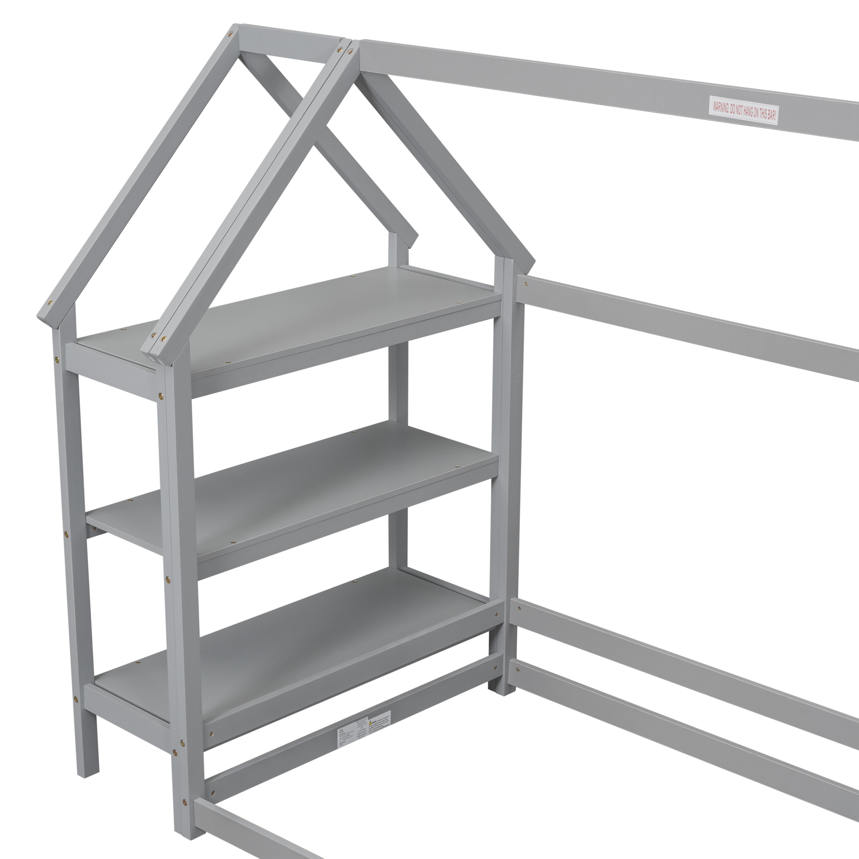 Euroco Wood Twin House-Shaped Floor Bed with Moveable Shelf and Wardrobe for Kids, Gray