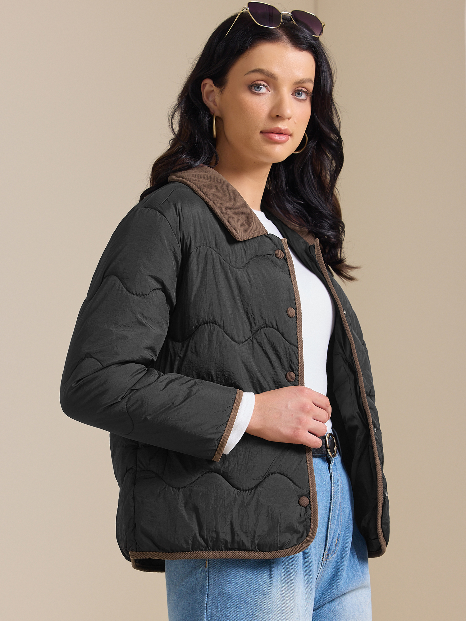 DARING DIVA Long Sleeve Button Down Puffer Padded  Coats S Black