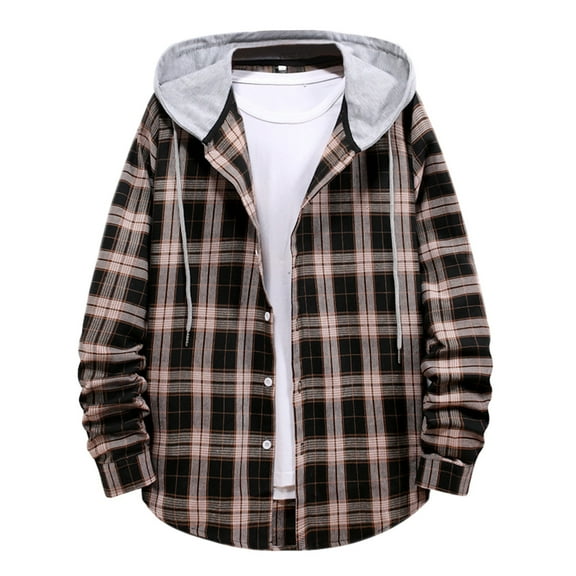 NAFUU Shirts For Men Stylish Men Autumn Winter Casual Button Down Plaid Shirt Jacket Loose Fit Hooded Long Sleeve Shirts Blouses Daily Fashion Shirts