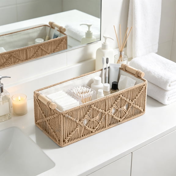 Handcrafted Indoor Woven Rectangular Storage Organizer with Natural Wood Handles Large Capacity Durable Basket for Toilet Paper Cosmetics Small Sundries Bathroom Bedroom Shelf Boho Home Decor