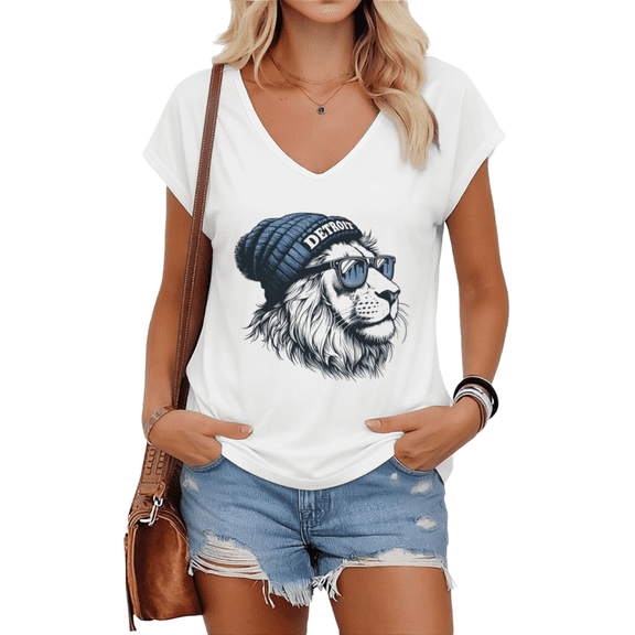 UNISHE Women's Retro Sketch Cool Lion Detroit City Letter Print V-Neck Short Sleeve T-Shirts Downtown Girl Shopping Weekend Casual Style White S-5XL Tops