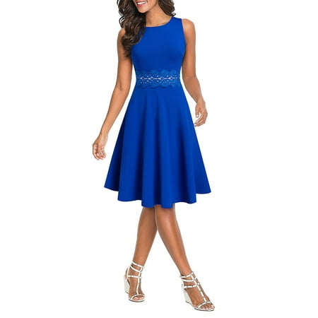 

Women Dress O-Neck Lace Stitching Evening Swing Dresses Ol Ladies Cocktail Dress