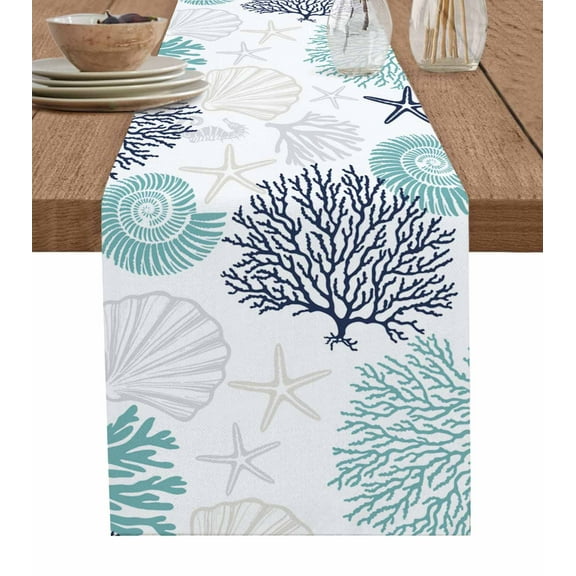 Table Runner Dresser Scarf 13 x 70 Inch Coral Shell Starfish Ocean Teal Blue Summer Beach Table Runners Non-Slip Heat Kitchen Dining Table Decor for Indoor Outdoor Home Party Decoration