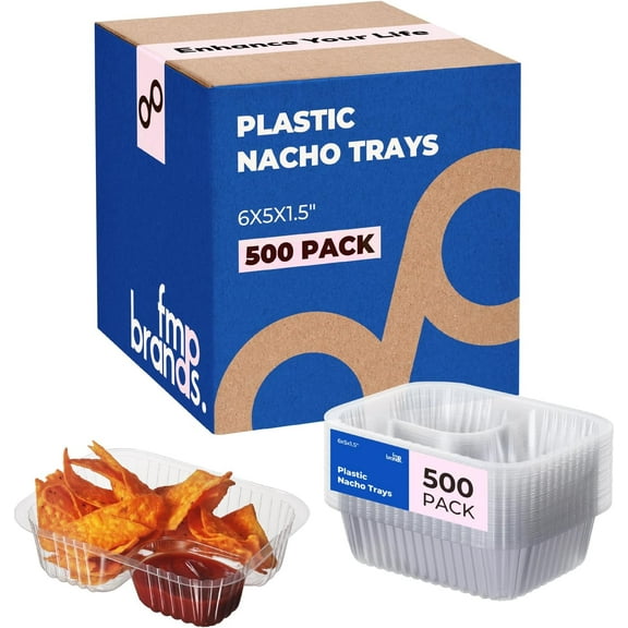 Fit Meal Prep 500 Pack 12 oz Plastic Nacho Trays, 2 Compartment Disposable Chip and Dip Holder, 6" x 5" Clear Nacho Containers, Ideal for Party Festival Carnival Concession Stand Movie Night Supplies