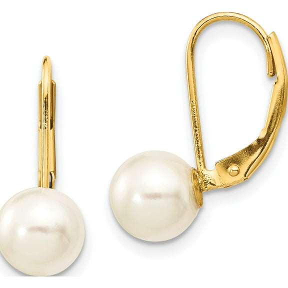 14K Yellow Gold 7-8mm White Round Saltwater Akoya Cultured Pearl Leverback Earrings Made In Canada xf481e