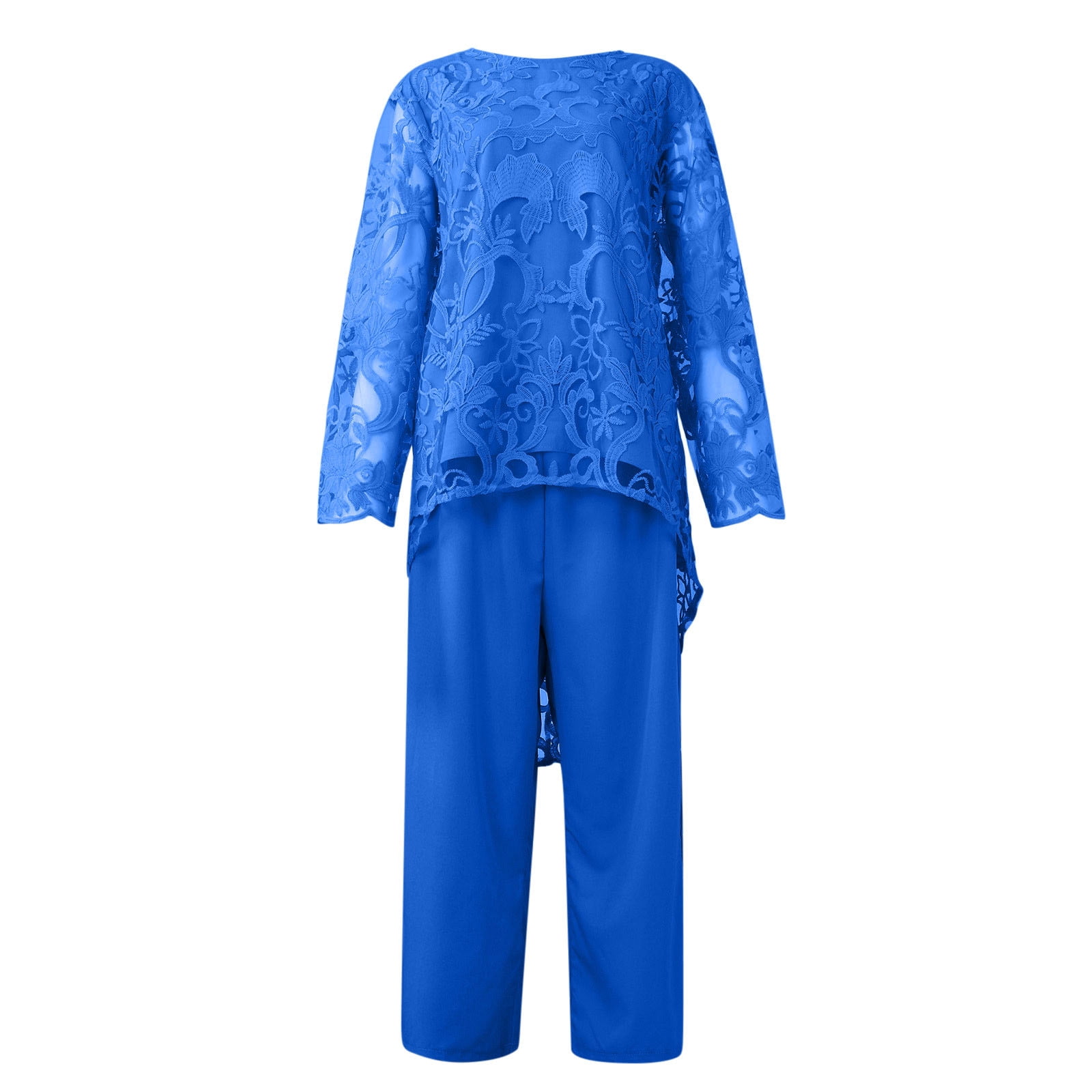 QUYUON Women Sets Elegant Formal Lace Mesh Long Sleeve Blouse Tops and Pants  Sets 2 Piece Outfits Women's Plus Size Wedding Party Loose Long Pants and Shirts  Two Piece Outfits Blue 4XL 