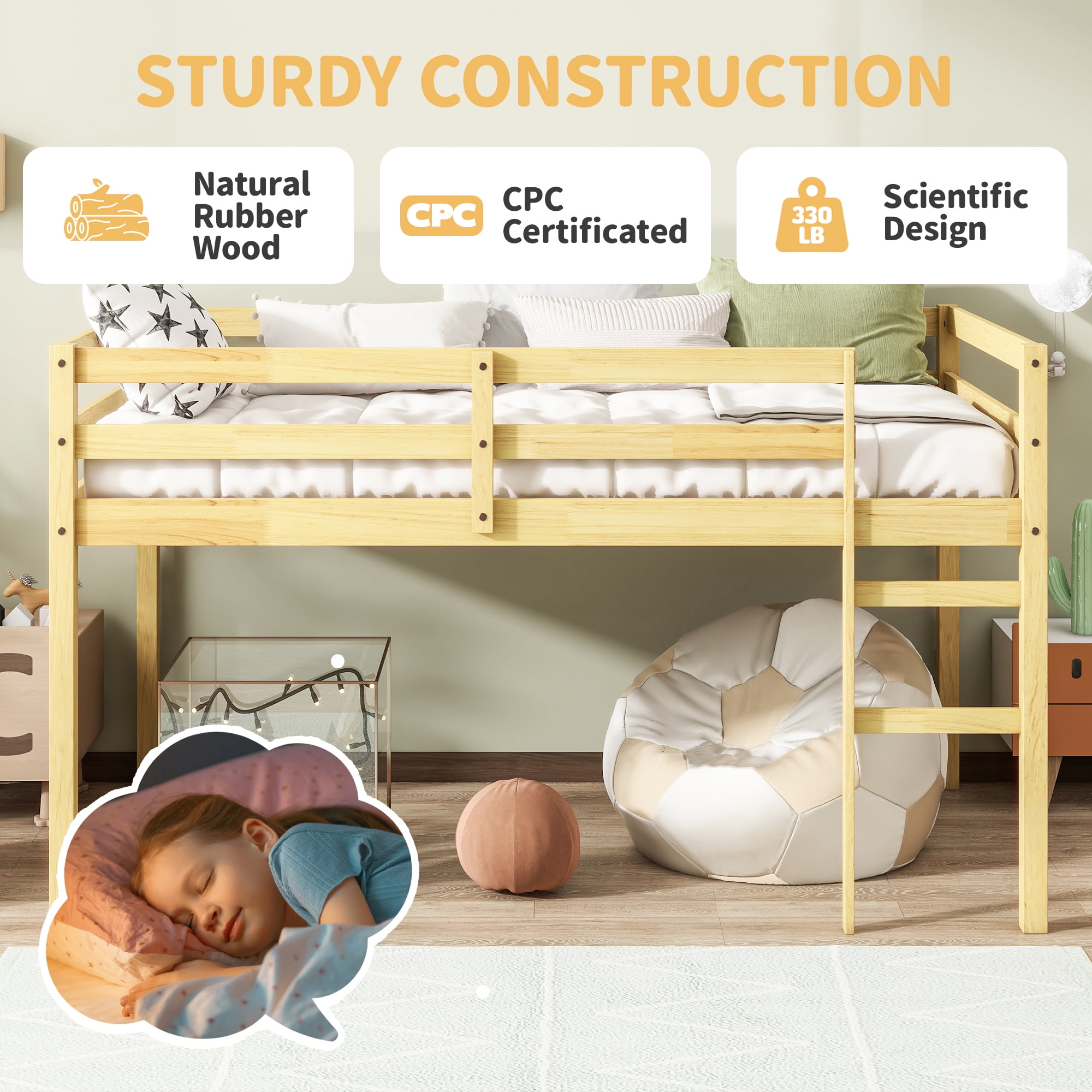 Alvantor Twin Loft Bed for Kids Wood Bed with Stairs, Natural