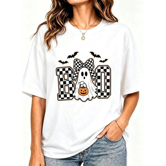 Women's Black Halloween Black White Checkered BOO Ghost Pumpkin Print Relaxed Fit Crew Neck Short Sleeve T-Shirt