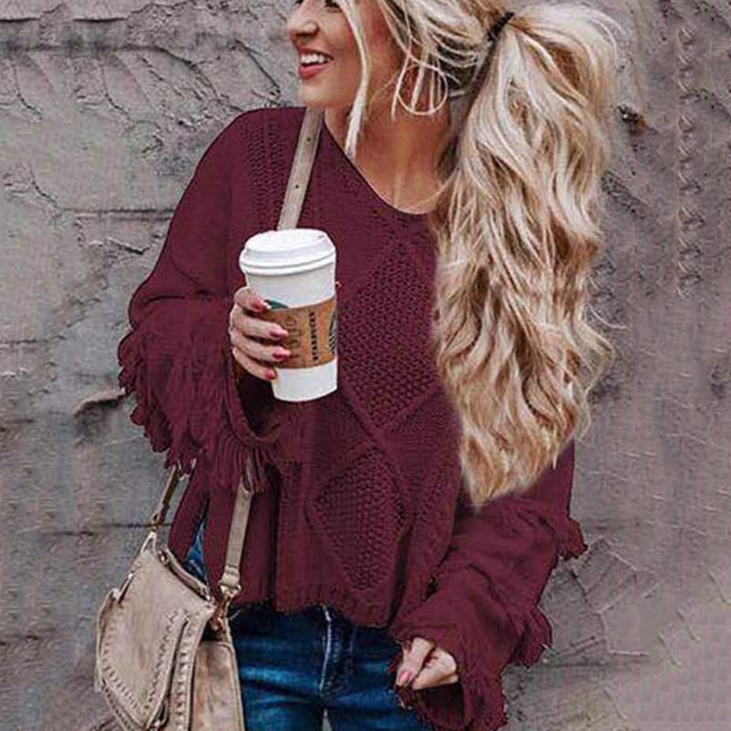 PIKADINGNIS Womens Tassel Cable Knit Sweater Fringe Long Sleeve