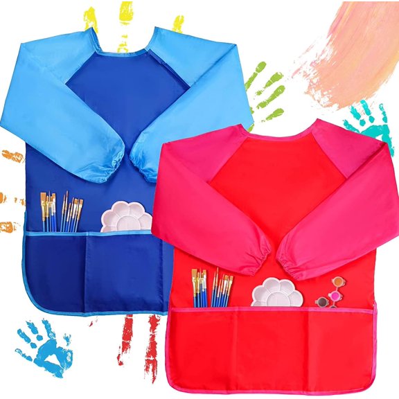 2Pcs Kids Art Smocks, Artist Painting Aprons Long Sleeve, Painting Smock, Toddler Painting Apron with 3 Pockets, Art Painting Supplies