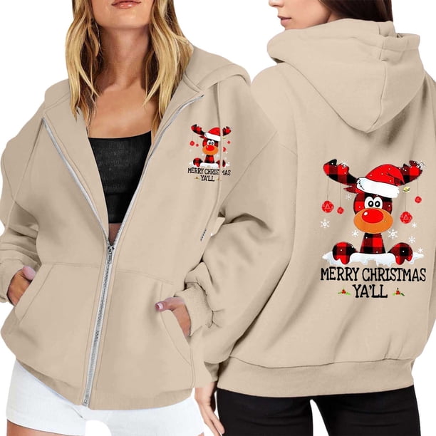 WILLBEST Sudadera con Capucha para Mujer, Estilo Casual, con Estampado Navideño, Cremallera, Manga Larga, Bolsillo y Cordón Ajustable Grande