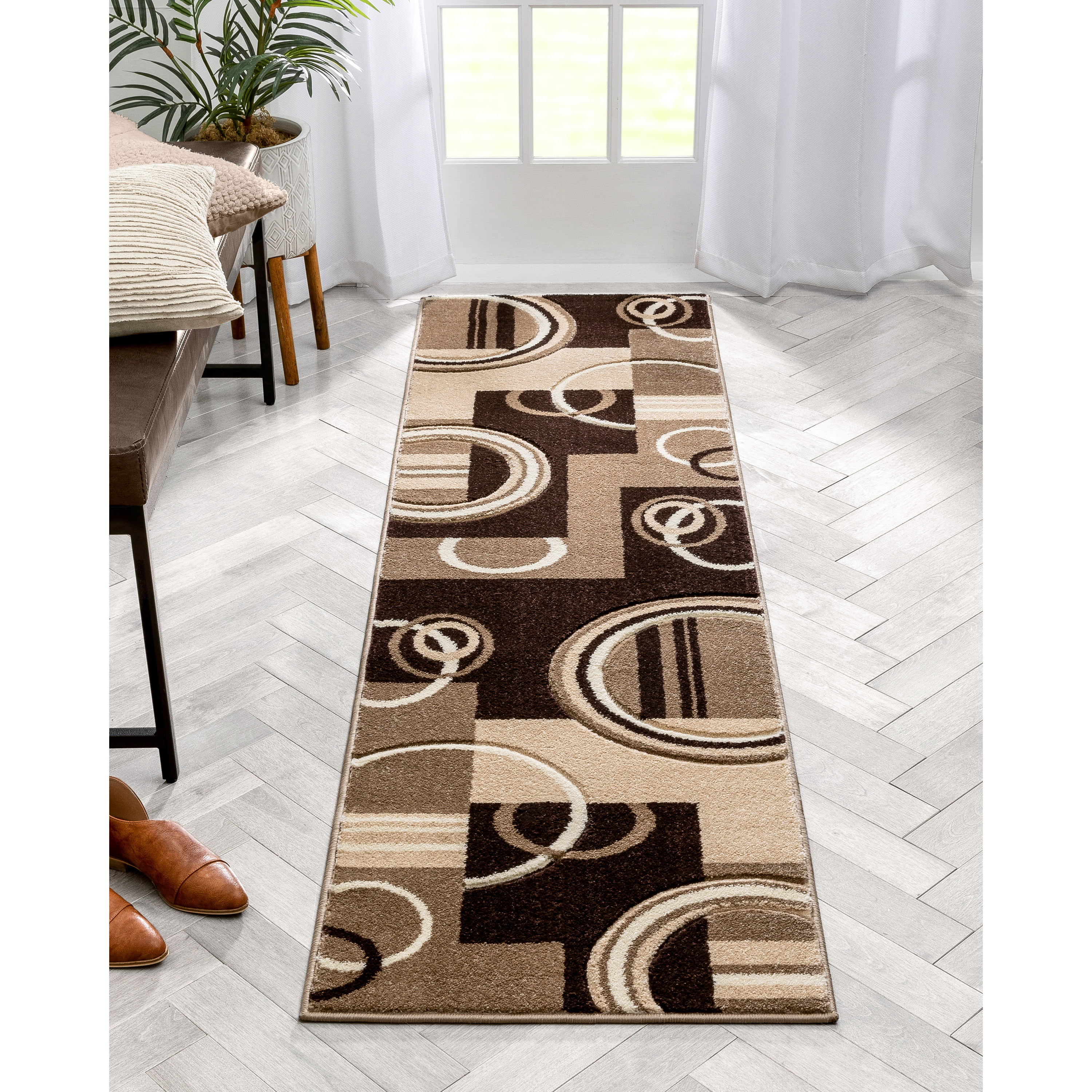 Long Brown Geometric Hallway RunnerModern Border Carpet RunnerBedside Rug 