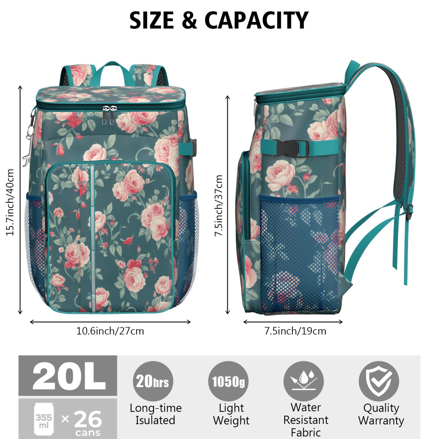 Travel Cooler Bag - Pioneer Flower Floral Print Pattern Camping Beer Cooler Backpack with Bottle Opener- Waterproof Insulated Picnic Backpacks - Cooler Bag for Beach