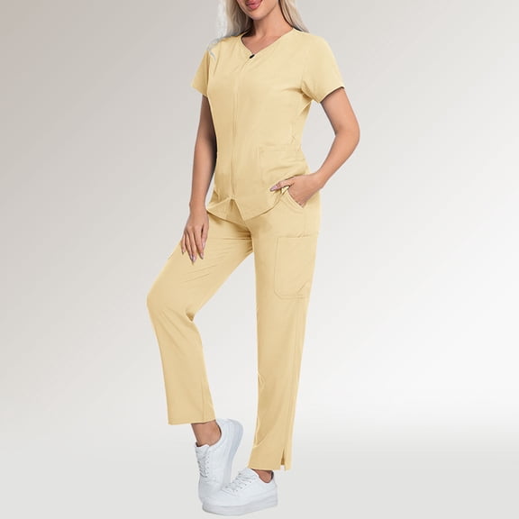 WULMLEO 2 Piece Scrubs Outfits for Women Short Sleeve Petite Scrub Sets Stretch V Neck Spring Nursing Workwear Tops and Pants Medical Casual Soft Comfortable Nurse Uniform Beige 2XL