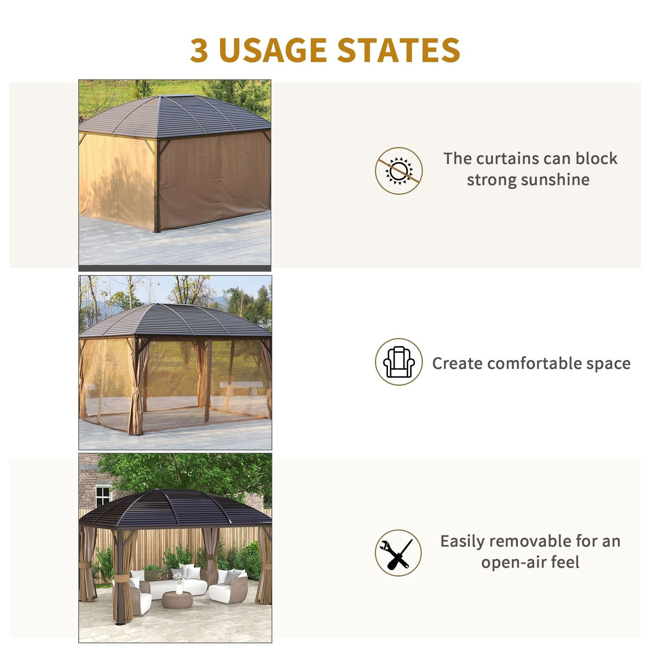 10'x14' Hardtop Gazebo with Curtains & Netting - Steel Roof Patio Pavilion - Brown