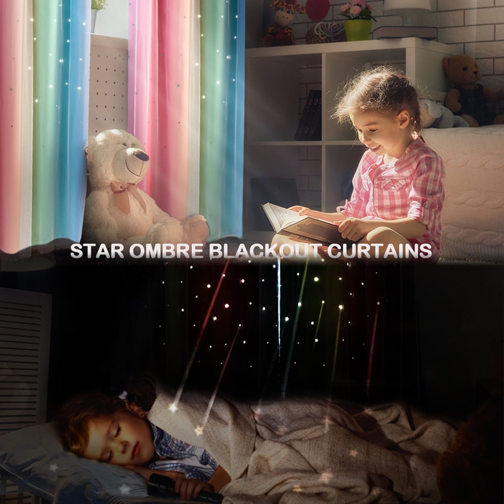 Anjee Blackout Curtains for Kids Girls Bedroom Curtain,Star Curtain Dual Layer Curtains with Sheer 2 Panel Set,52" x 63",Rainbow Color