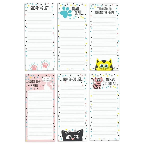 Inkdotpot Pack of 6 Funny Magnetic Dry Erase List For Fridge, Wipe Clean w/ NoStain, Quick Notes Shopping & Grocery List Whiteboard for Fridge, 8.75" x 3.8"(Cat Theme)