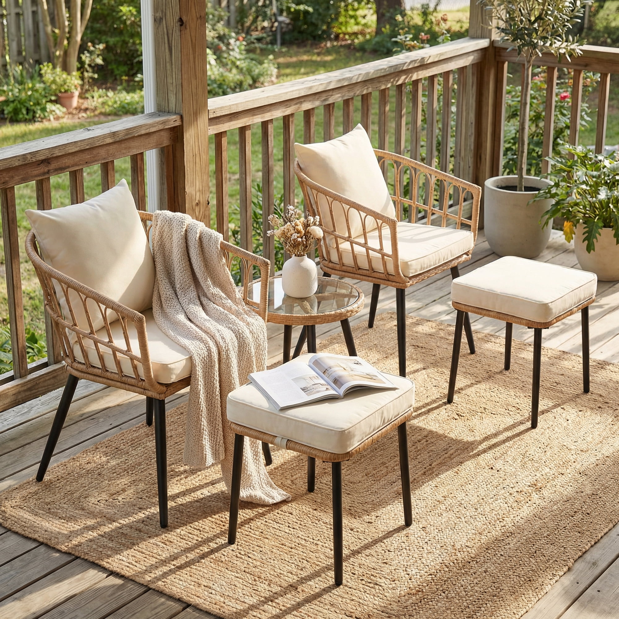 FHFO 5 Piece Patio Bistro Set, Outdoor Wicker Furniture, Rattan Table & Chairs Set with Cushions (Yellow/Beige)