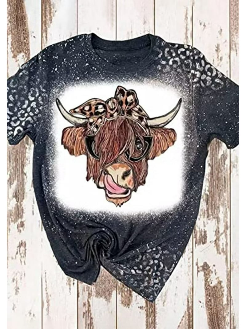 Leopard Cow Highland Cattle T-Shirt, Women's Western Cute Graphic Print  Top, Casual Country Apparel - Walmart.com, image size:800x1067