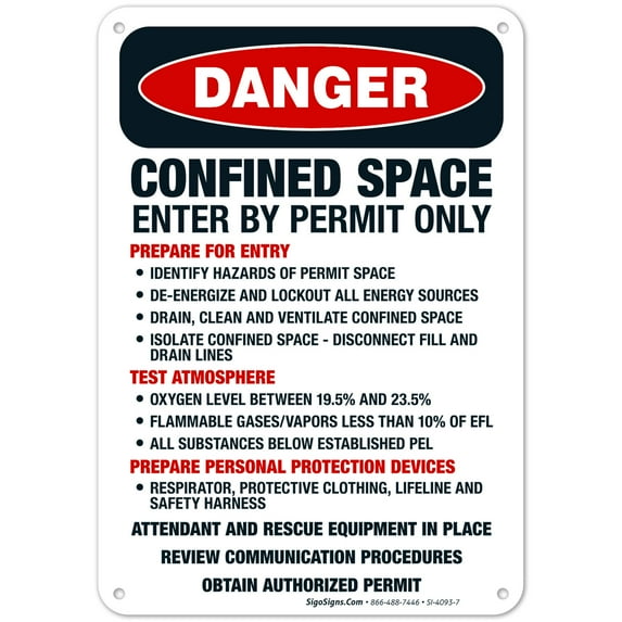 Confined Space Enter By Permit Only Attendant And Rescue Equipment Sign, OSHA Danger Sign, 10x7 Aluminum