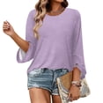 thumbnail image 2 of Qwertyu Womens Top 3/4 Sleeve T-shirts for Women Casual Crew Neck Three Quarter Length Sleeve Solid Fashion Loose Pullover Light Purple 2XL, 2 of 2