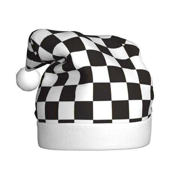 Fuzoiu Black and White Checkerboard Print Santa Hat Christmas Hat for Adults,Santa Hats with Pompom, Unisex Xmas Holiday Hat for Christmas New Year Festive Party Supplies