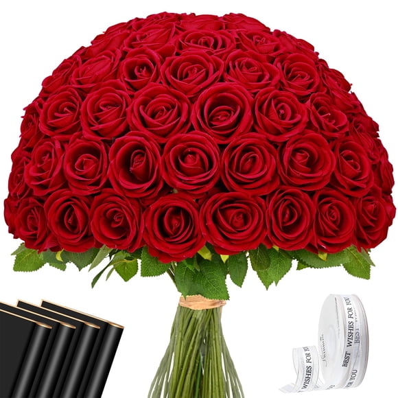 Flores artificiales Waipfaru Red Roses Real Touch, 50 unidades