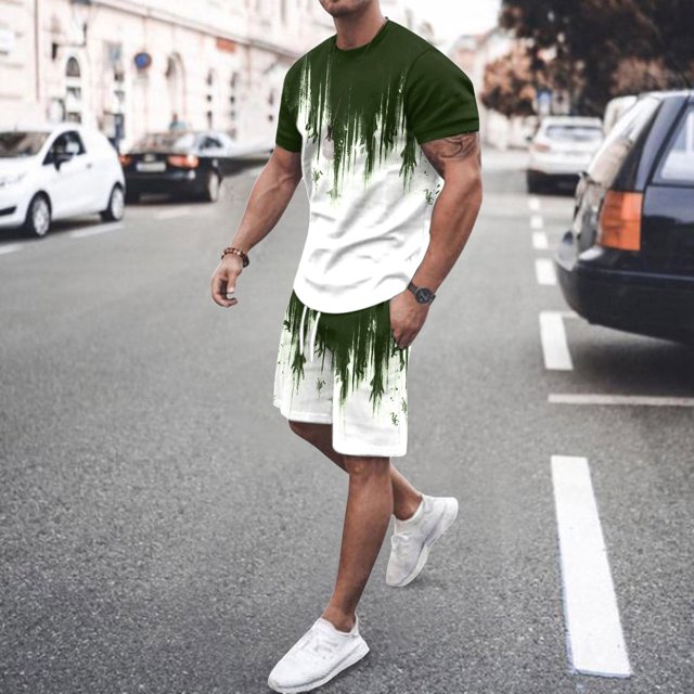 Men's Suit Category - All-Over Print Short Sleeve Tee and Quarter Pants Two-Piece Set for Men