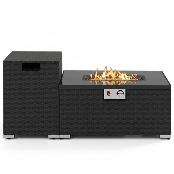 Biotree 2-Piece Outdoor Rattan Fire Table Set 32 Inch Rectangle Propane Gas Fire Pit with 40, 000 BTU Tempered Glass Top and Tank Cover Side Table for Patio, Black