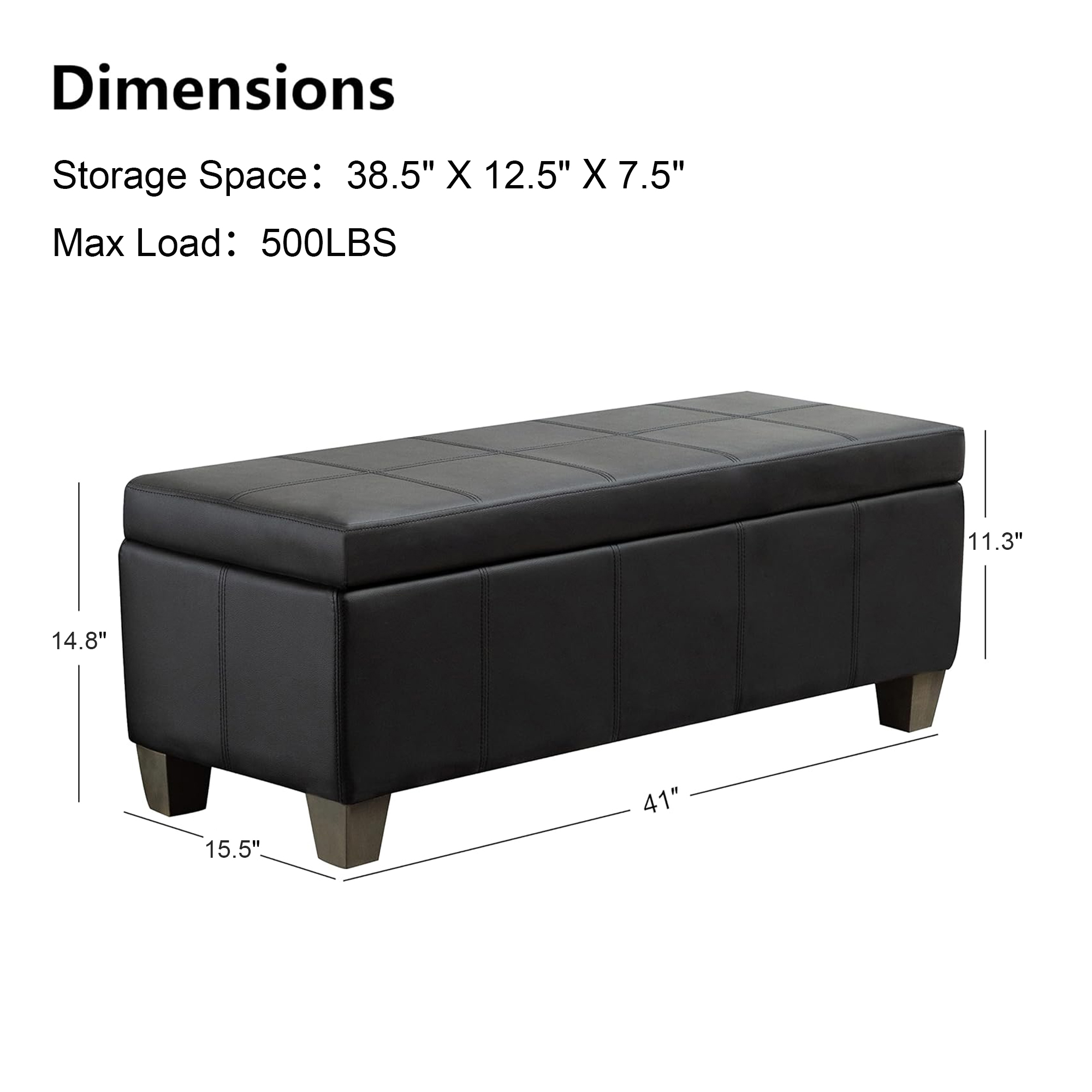Foredo Rectangle Ottoman with Storage, Modern Faux Leather Bench with Solid Wood Legs, Ottoman for Living Room, Bedroom and Entryway, Black