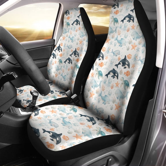 Ocean Animals Car Seat Covers – Cute Dolphin Whale Sea Turtle Pattern Auto Seat Protectors, Nautical Marine Car Interior Decor