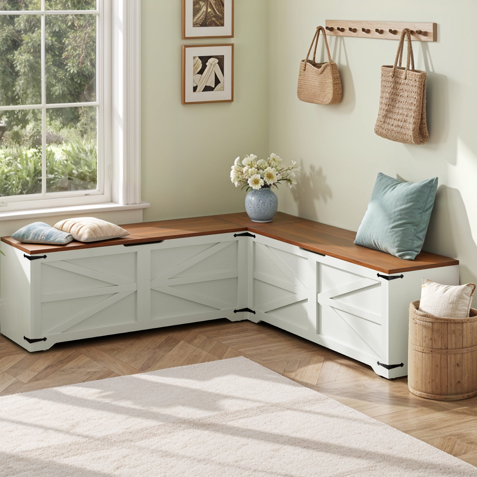 Uforic L-Shaped Wood Farmhouse Storage Chest,Nook Corner Bench with Storage - White & Brown