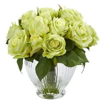 Nearly Natural 9 in. Rose Artificial Floral Arrangement in Elegant Glass Vase