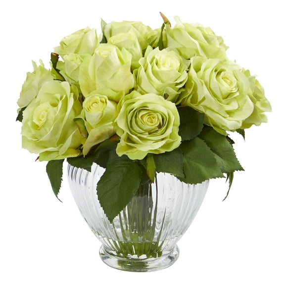 Nearly Natural 9 in. Rose Artificial Floral Arrangement in Elegant Glass Vase