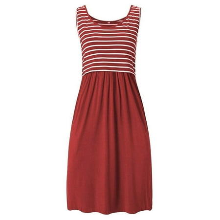 

Odeerbi Maternity Dress Womens Striped Stitching Solid Color Sleeveless Dress Red