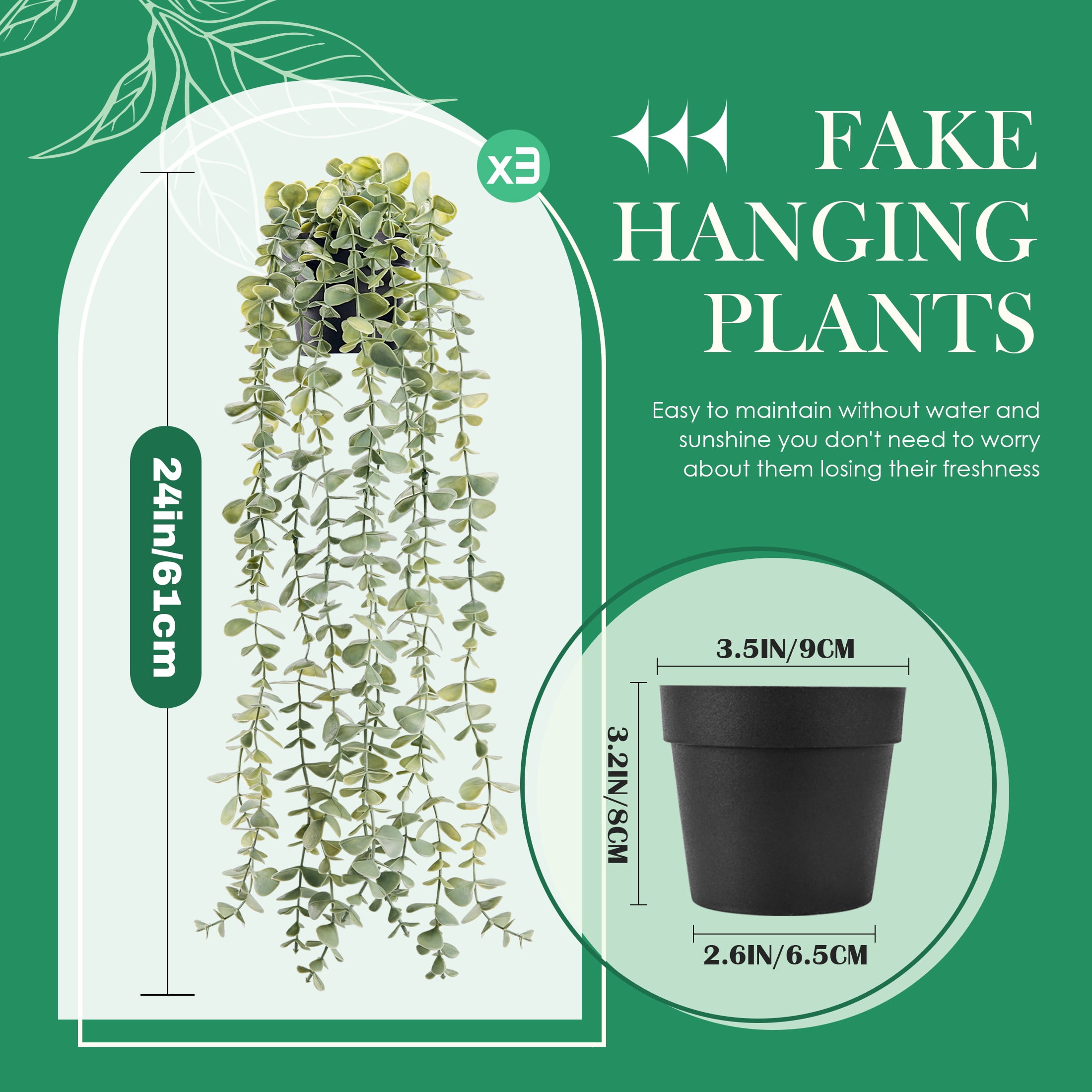 3 Pack Artificial Hanging Gray-Green Eucalyptus, Faux Trailing Greenery in Black Pots for Indoor Home, Office Desk, Wall, Shelf and Bookcase Decor