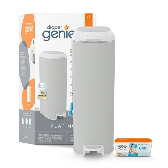 Diaper Genie Platinum Diaper Pail, Matte Gray, Stainless Steel, Foot Pedal, Odour Control