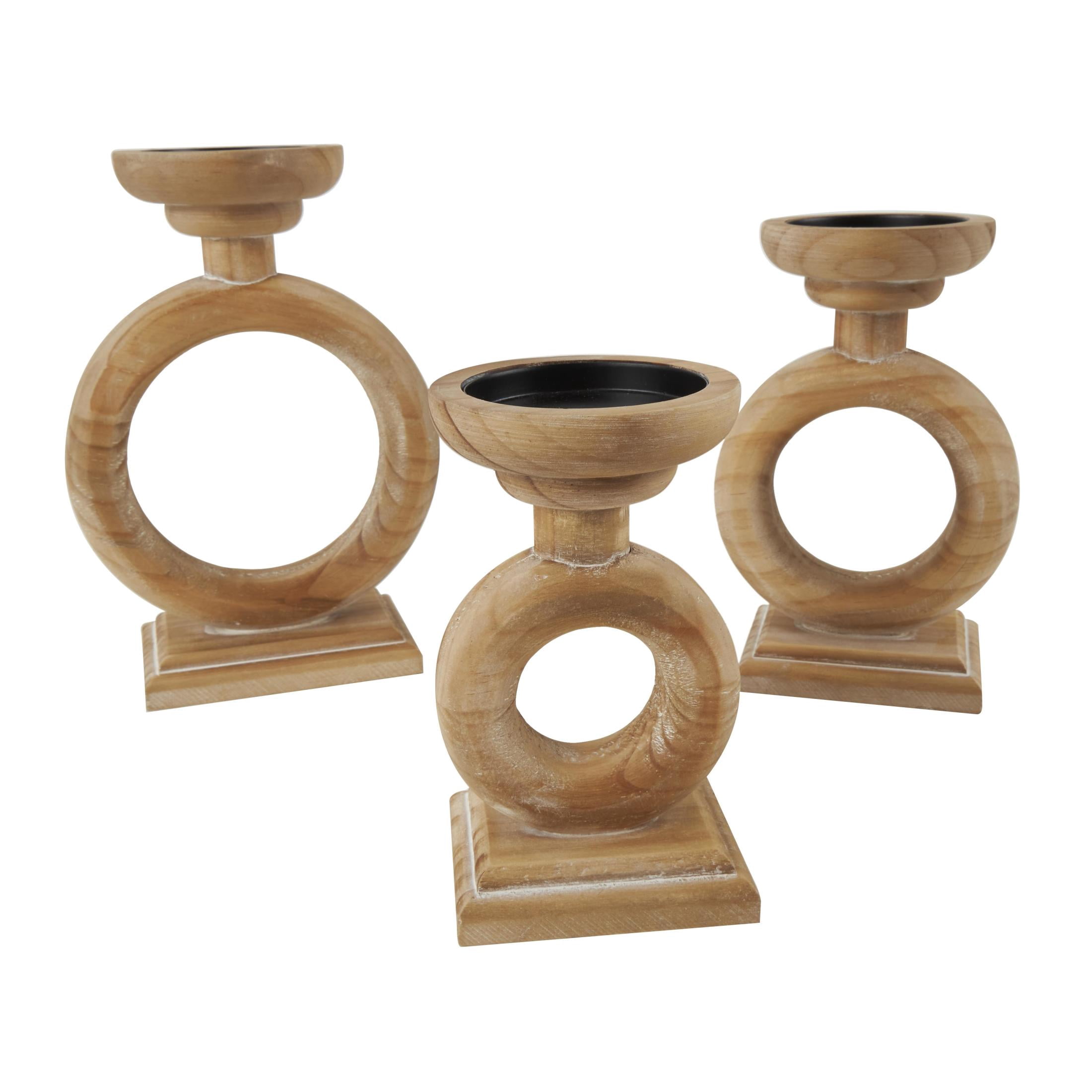 DecMode 3 Candle Brown Wood Circular Ring Candle Holder, Set of 3